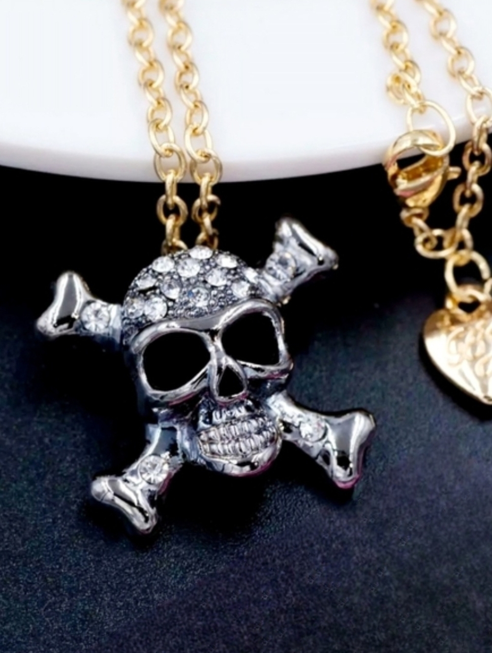 Silver plated crystal skull and crossbone necklace/brooch with gold chain